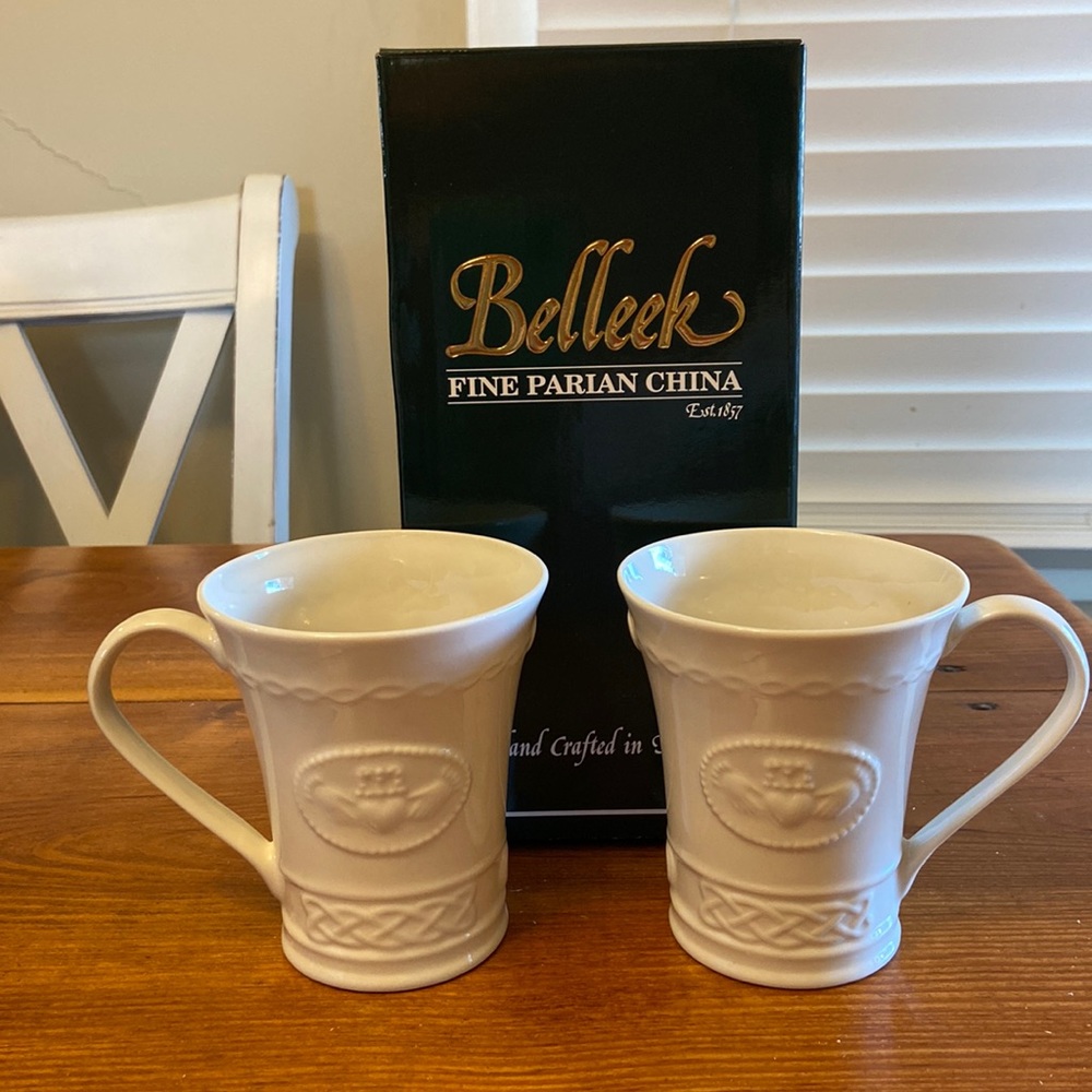 Beleek claddagh mug set. New in box.